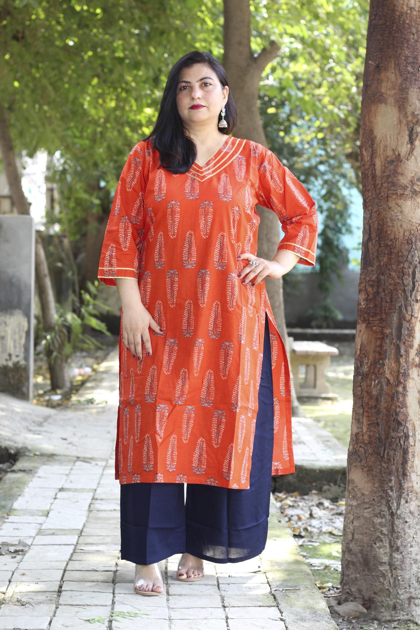 Orange Ajark Print Kurta