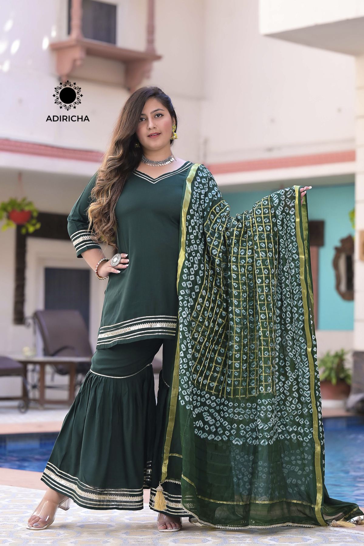 Plus Size Dilkash Green Chunari Sharara Set