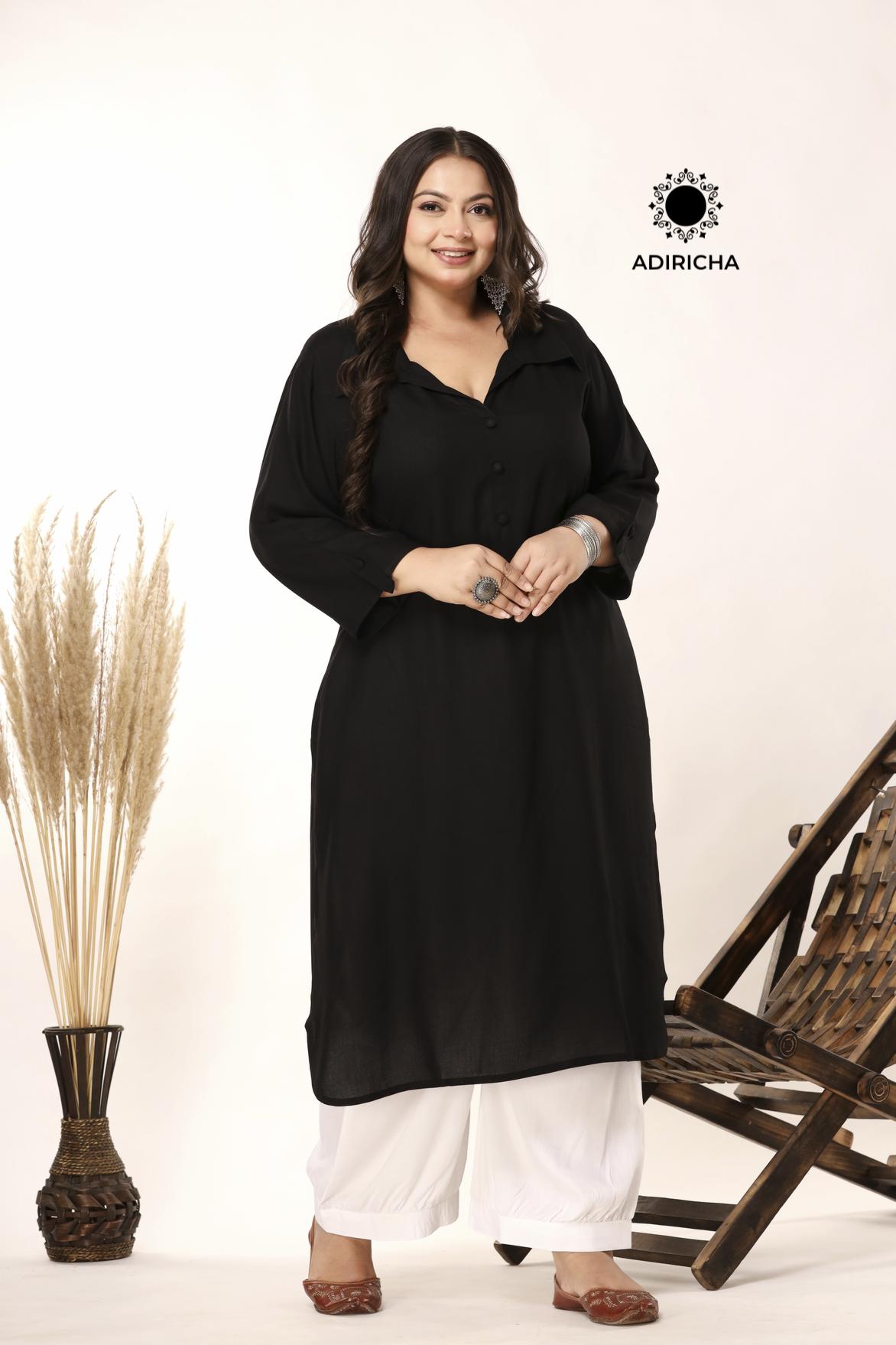 Plus Size Black Shirt Collar Kurti With Pathani Salwar