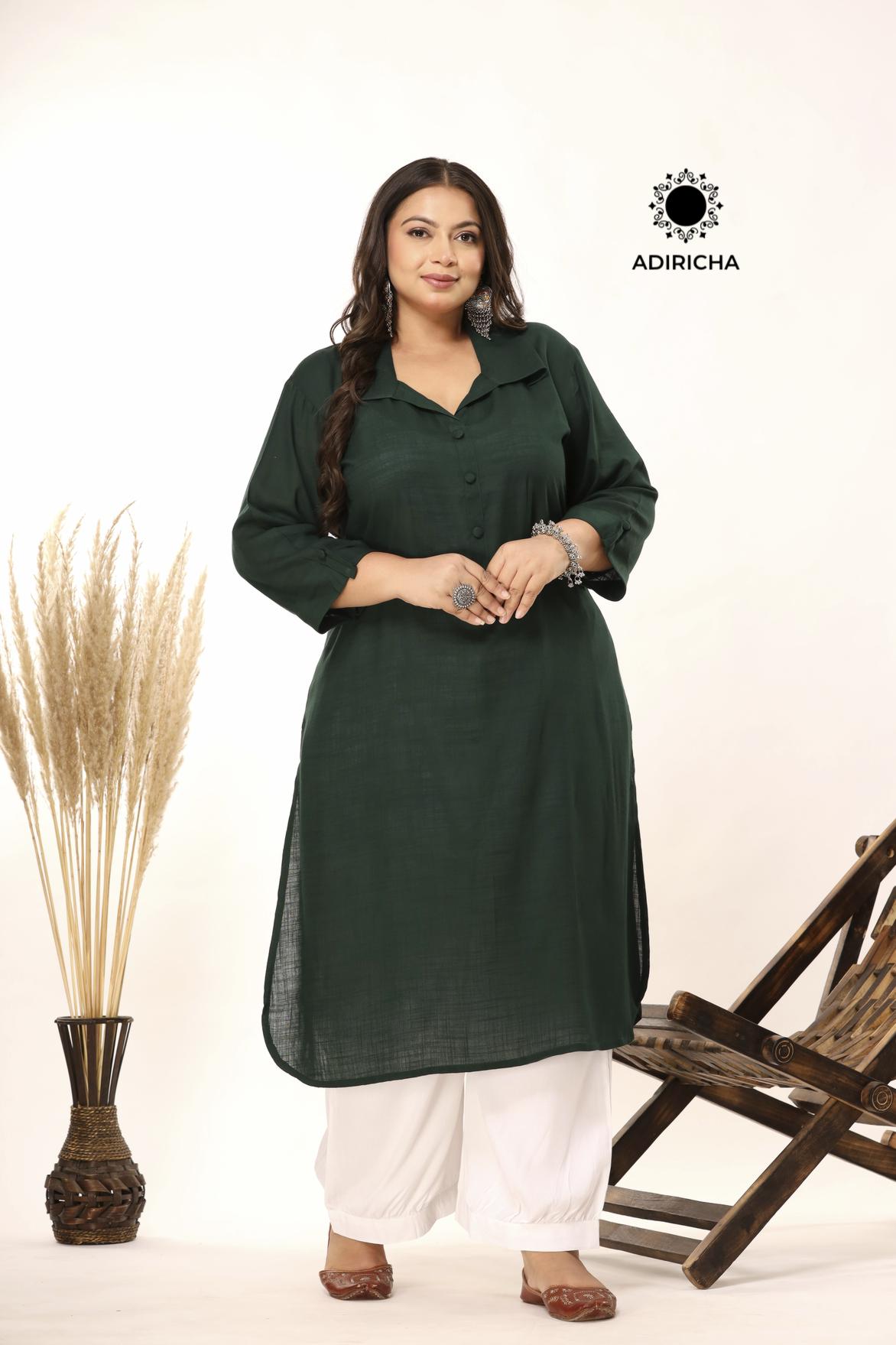 Plus Size Bottle Green Shirt Collar Kurti With Pathani Salwar