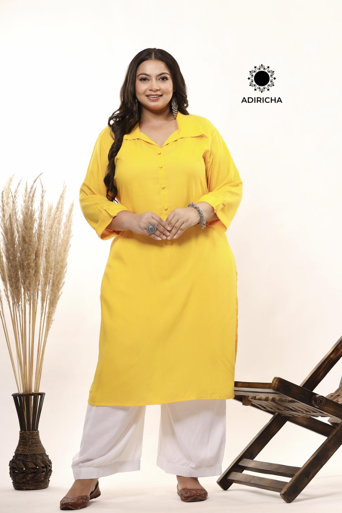 Plus Size Mango Yellow Shirt Collar Kurti With Pathani Salwar