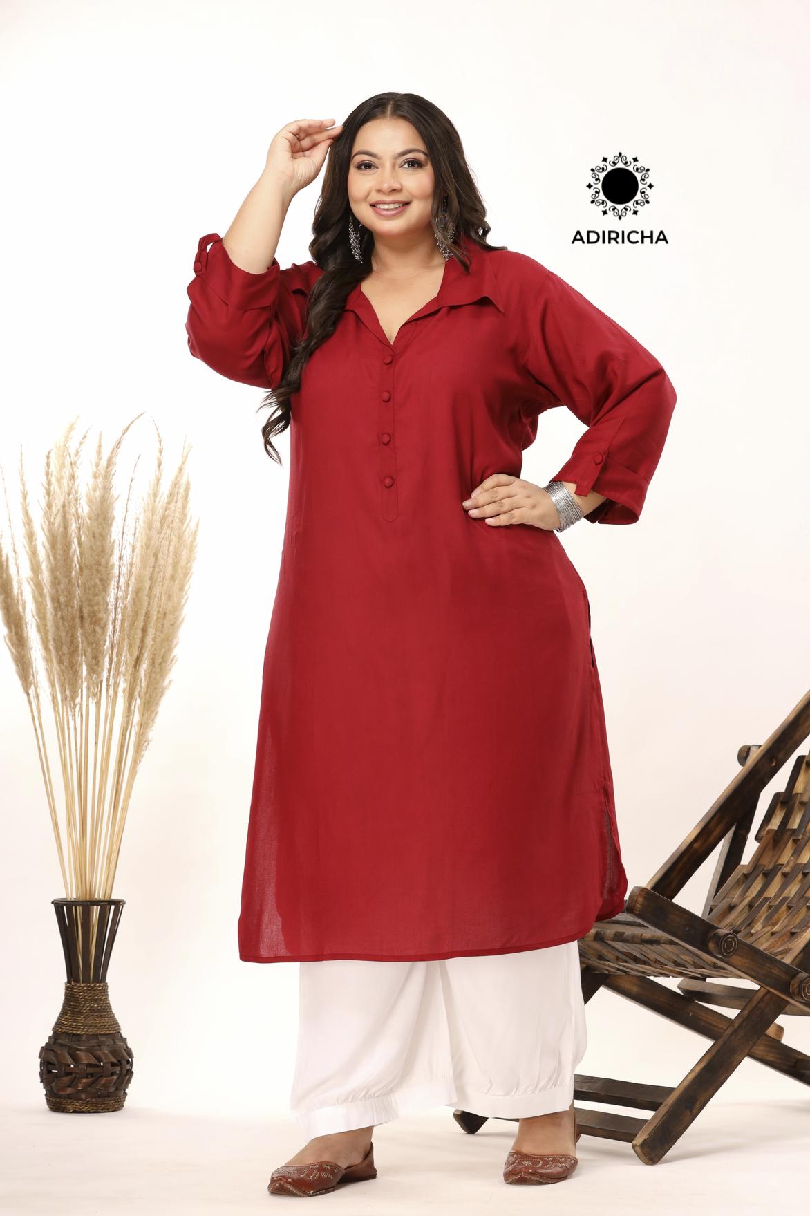 Plus Size Maroon Shirt Collar Kurti With Pathani Salwar