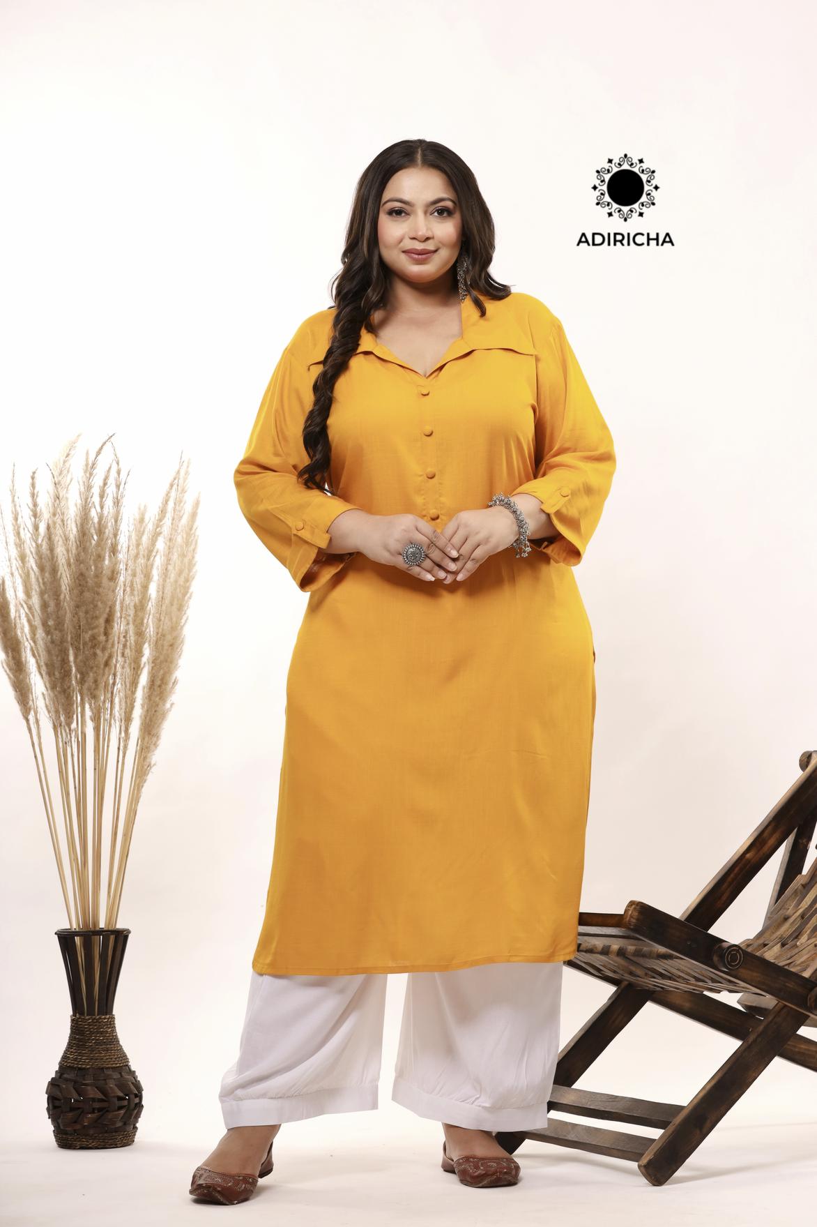 Plus Size Mustard Shirt Collar Kurti With Pathani Salwar