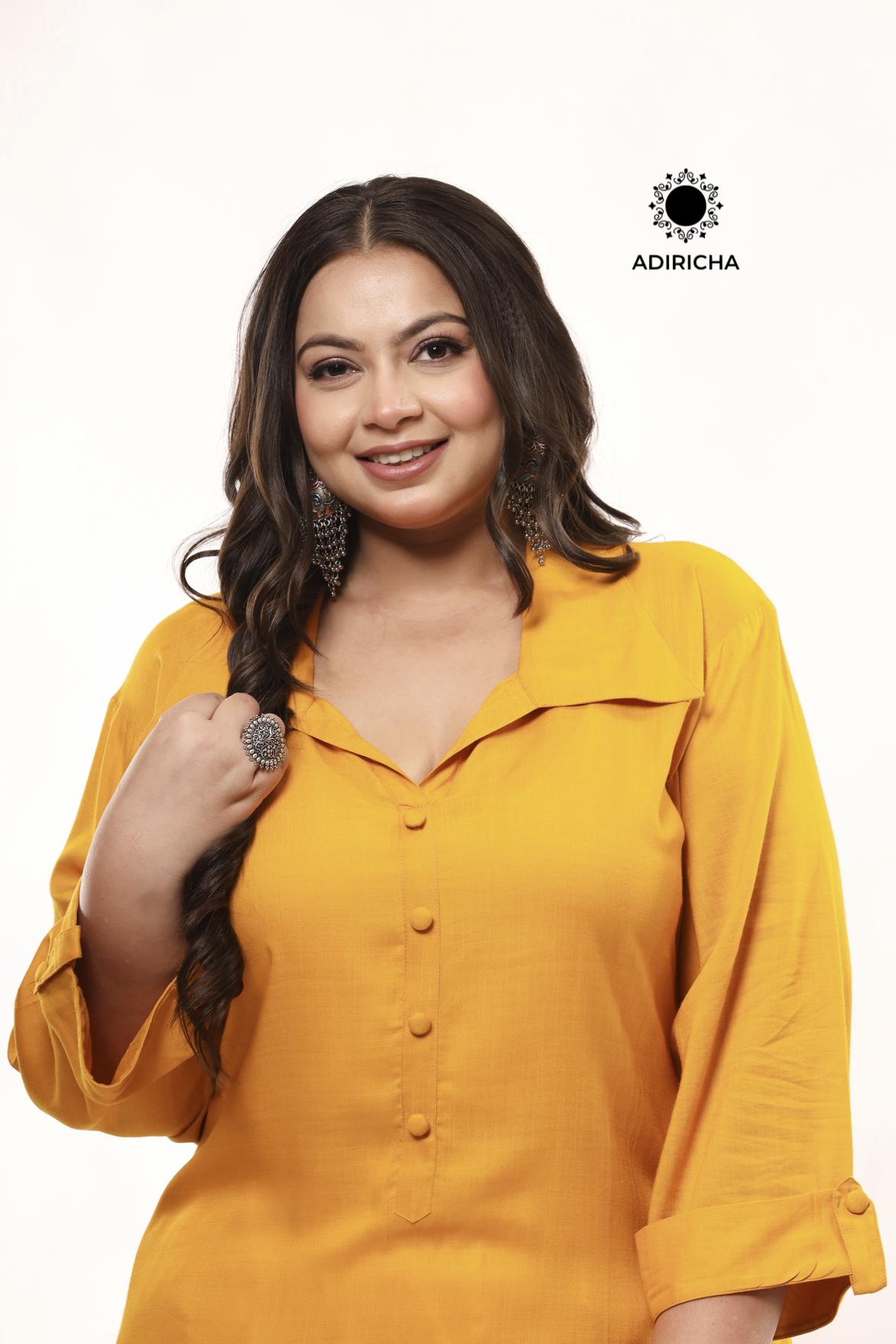 Plus Size Mustard Shirt Collar Kurti With Pathani Salwar