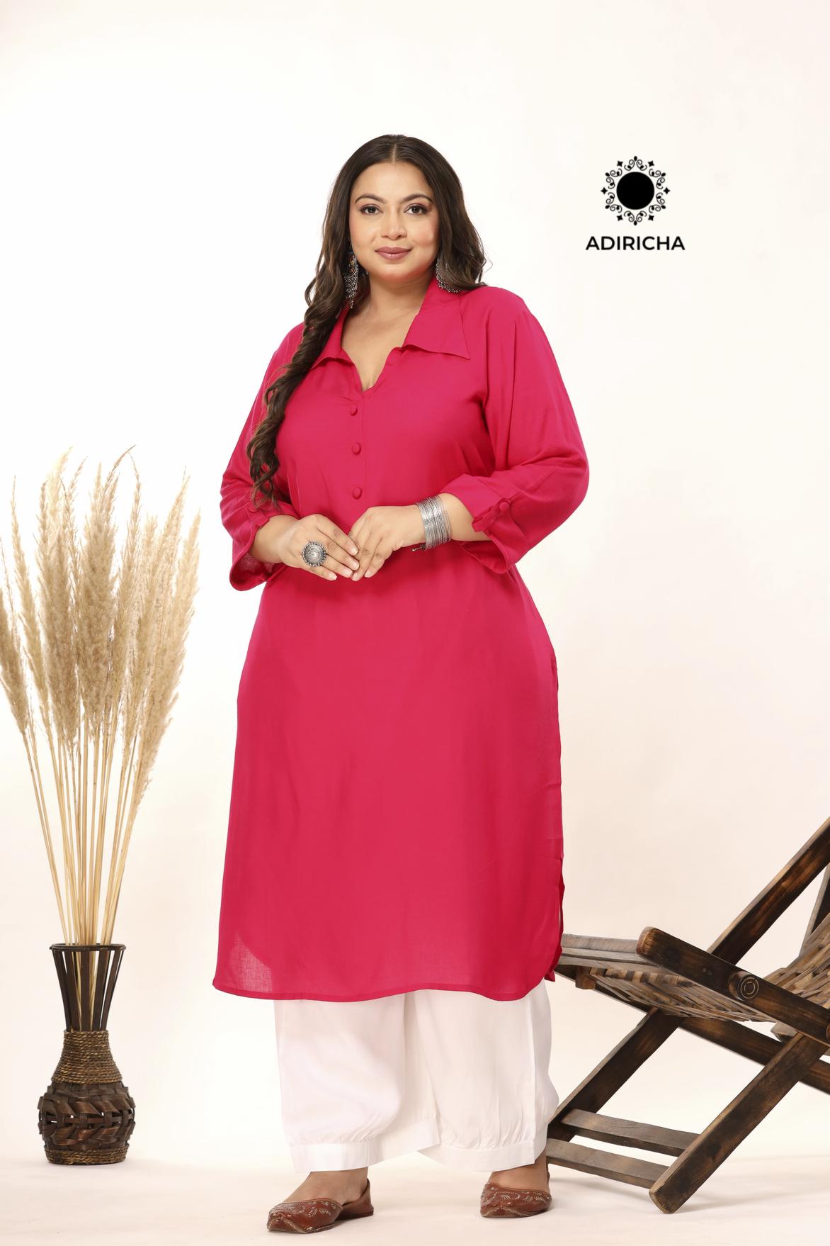 Plus Size Rani Pink Shirt Collar Kurti With Pathani Salwar