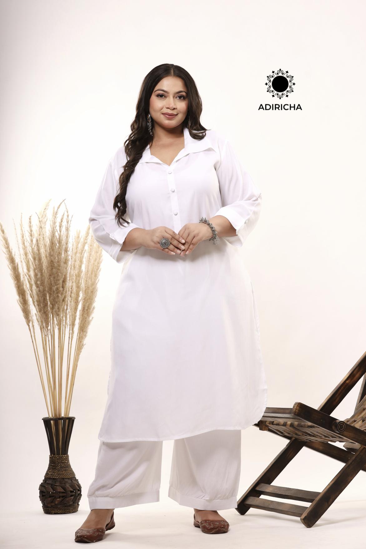 Plus Size White Shirt Collar Kurti With Pathani Salwar