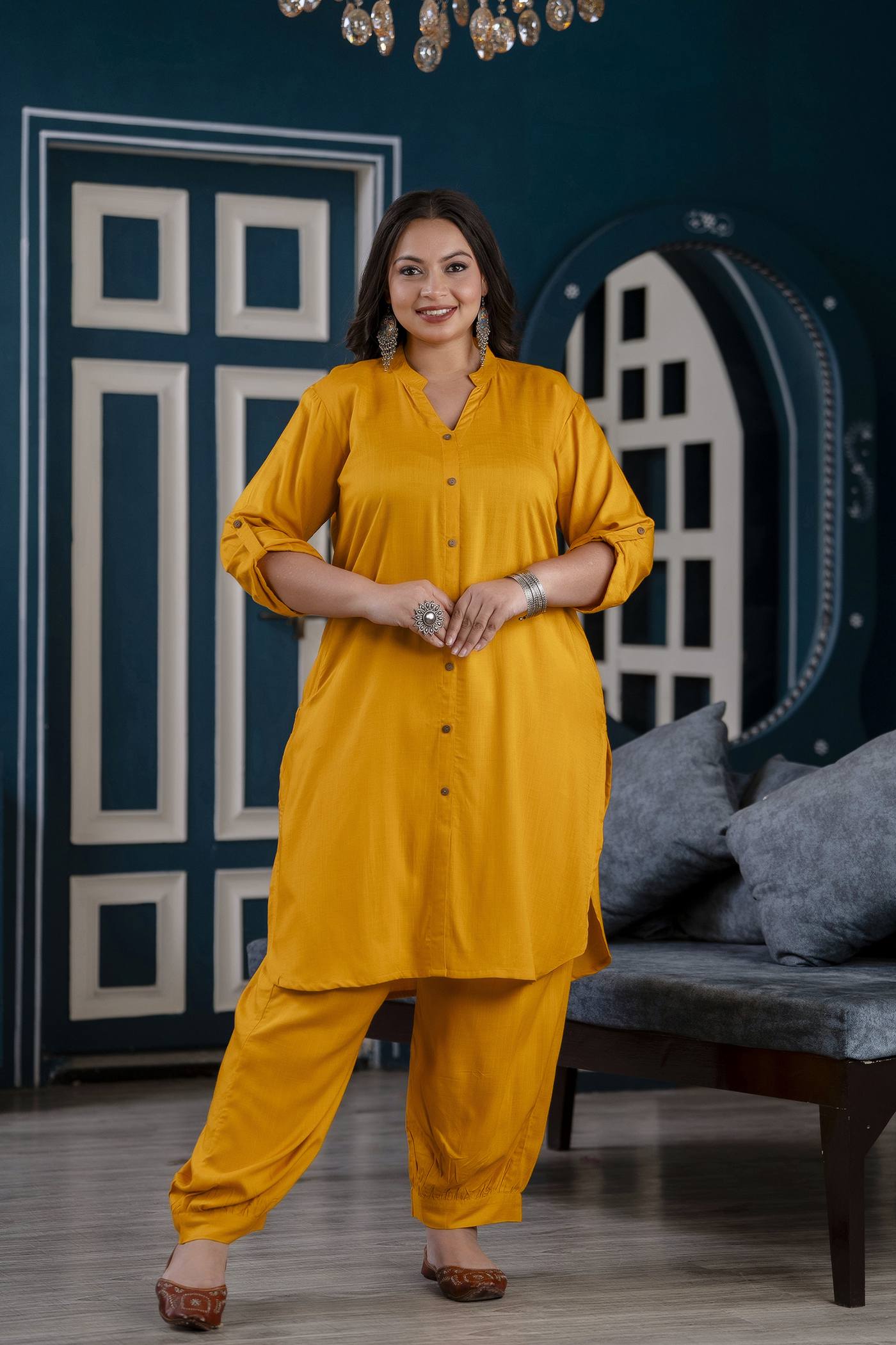 Plus Size Mustard Solid Co Ord Set