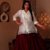 Plus Size Maroon White Chanderi Skirt Top Set