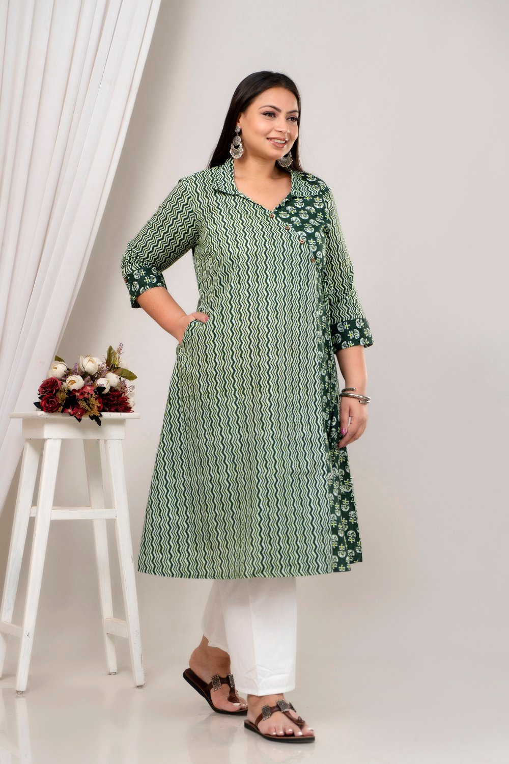 Plus Size Green Zig Zag Jaipuri Print Kurti