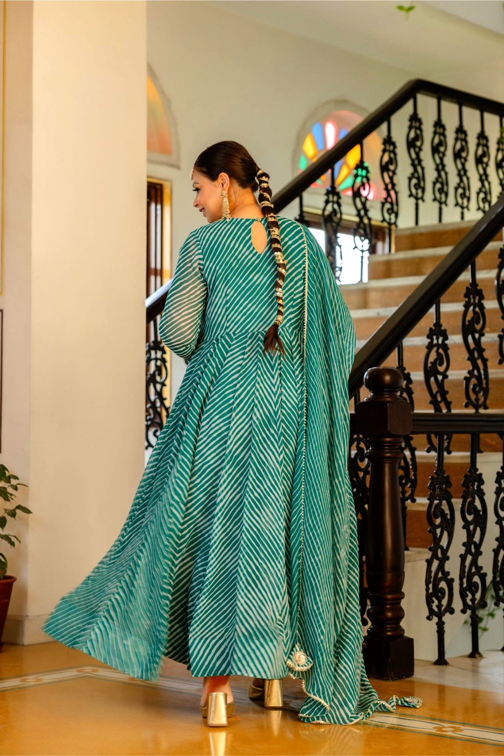 Plus Size Green Lehariya Anarkali Dress