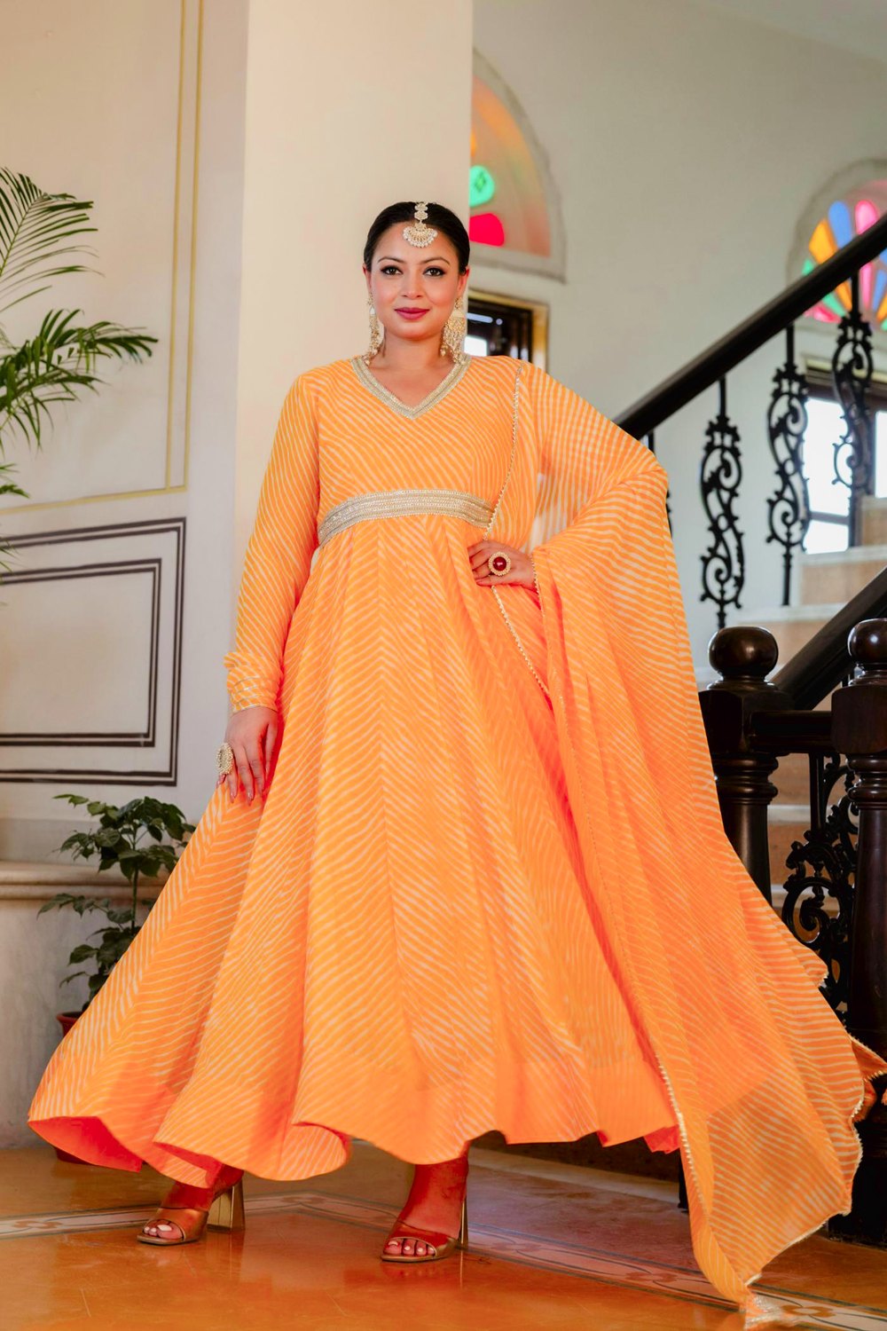 Plus Size Orange Lehariya Anarkali Dress