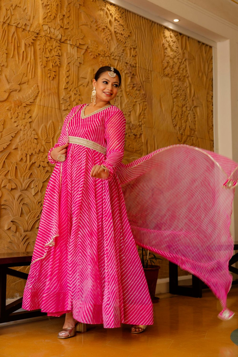 Plus Size Pink Lehariya Anarkali Dress