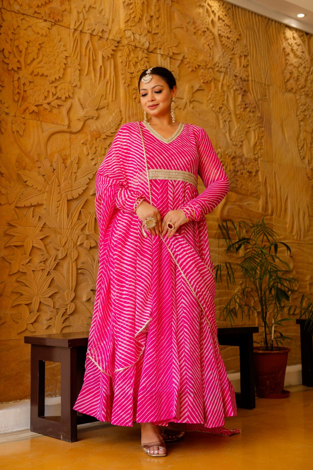 Plus Size Pink Lehariya Anarkali Dress