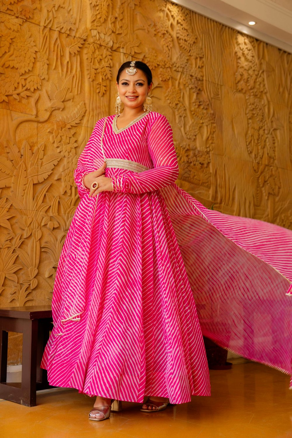 Plus Size Pink Lehariya Anarkali Dress