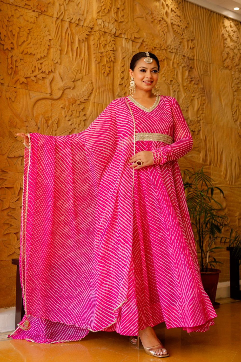 Plus Size Pink Lehariya Anarkali Dress