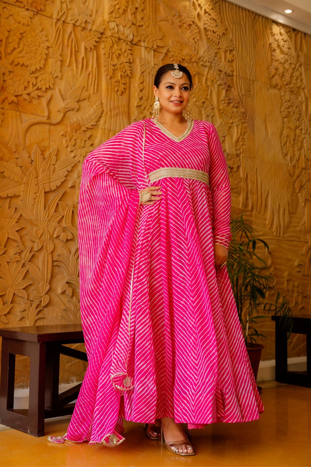 Plus Size Pink Lehariya Anarkali Dress