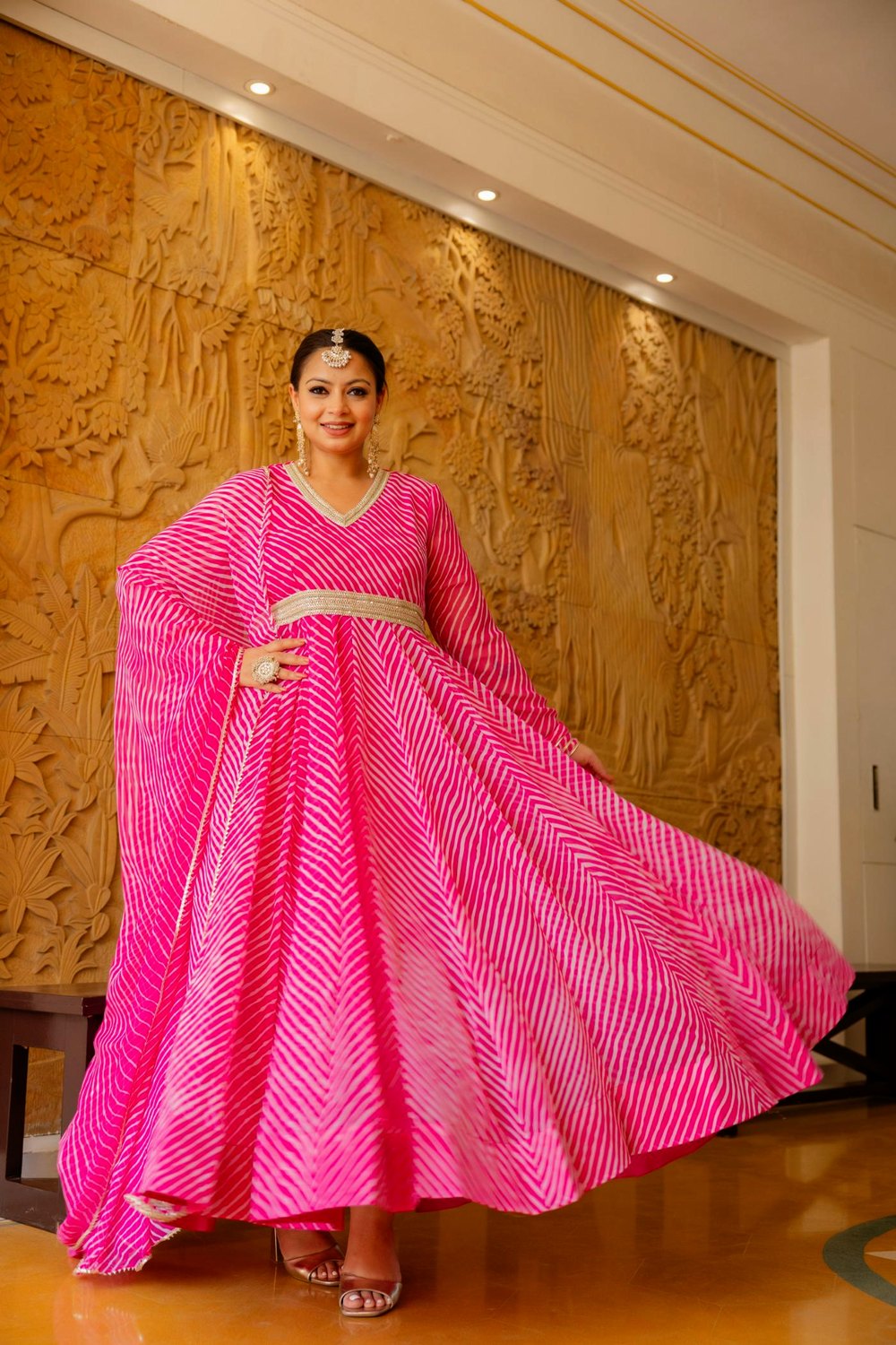 Plus Size Pink Lehariya Anarkali Dress