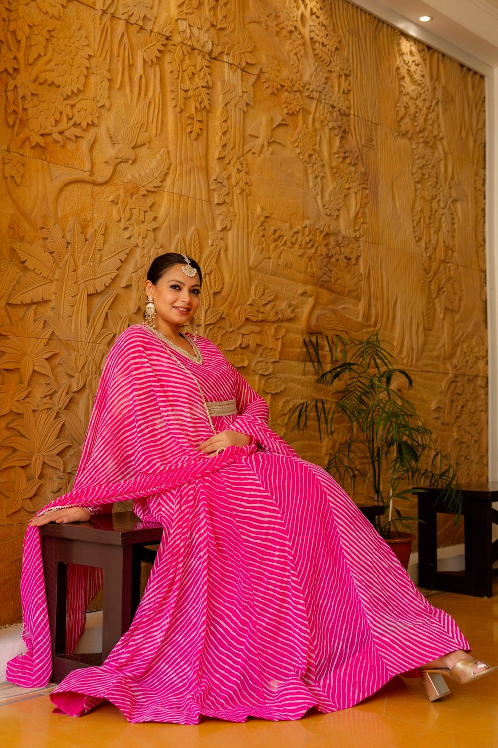 Plus Size Pink Lehariya Anarkali Dress