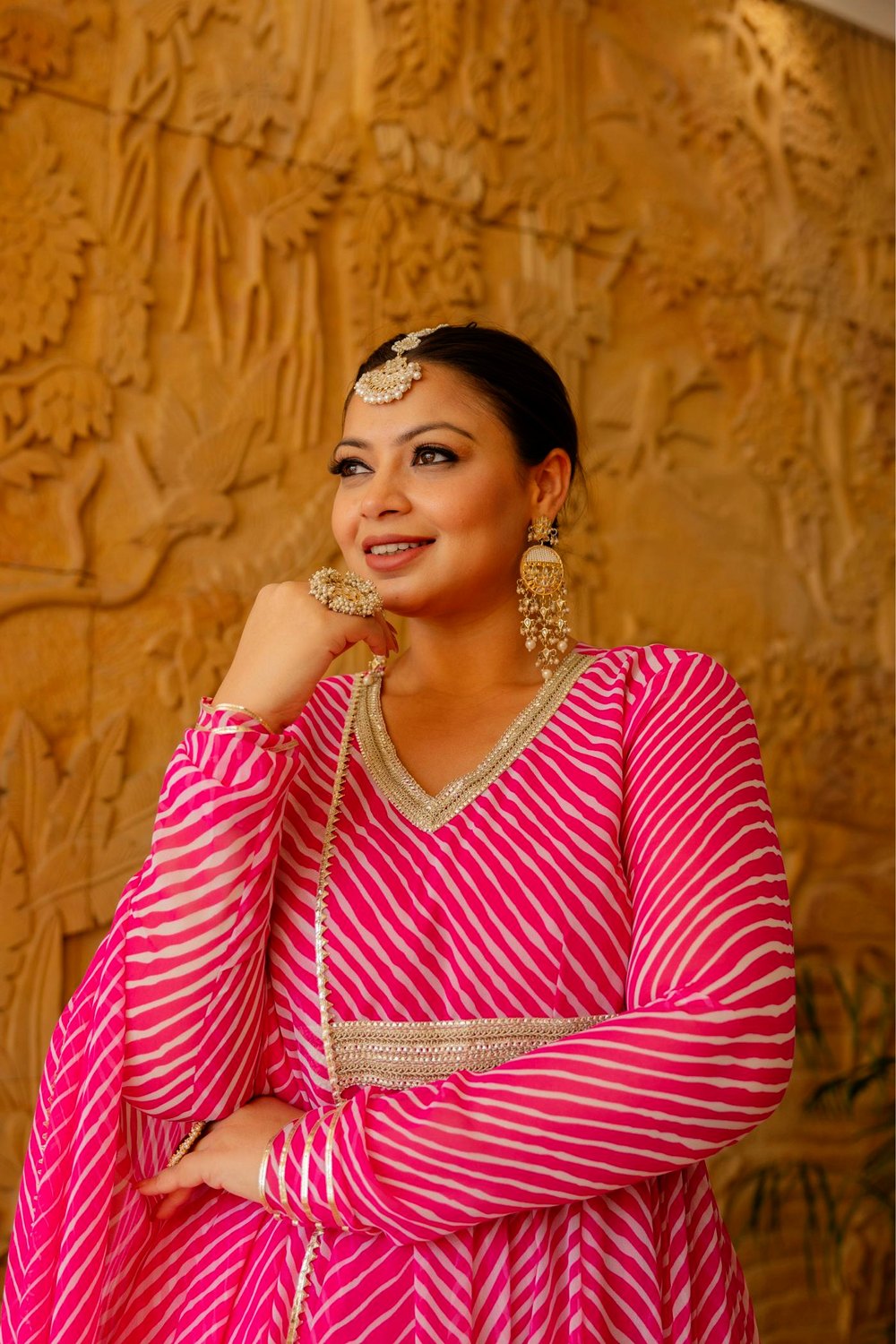 Plus Size Pink Lehariya Anarkali Dress