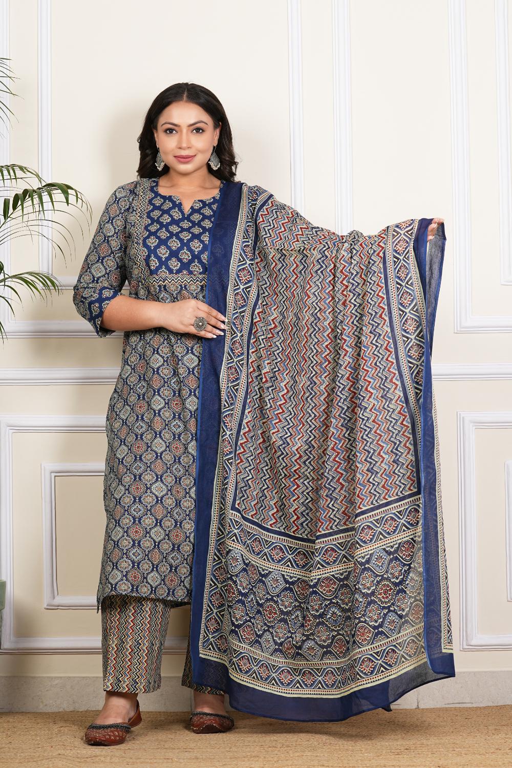 Plus Size Blue Ajrak Dupatta Set