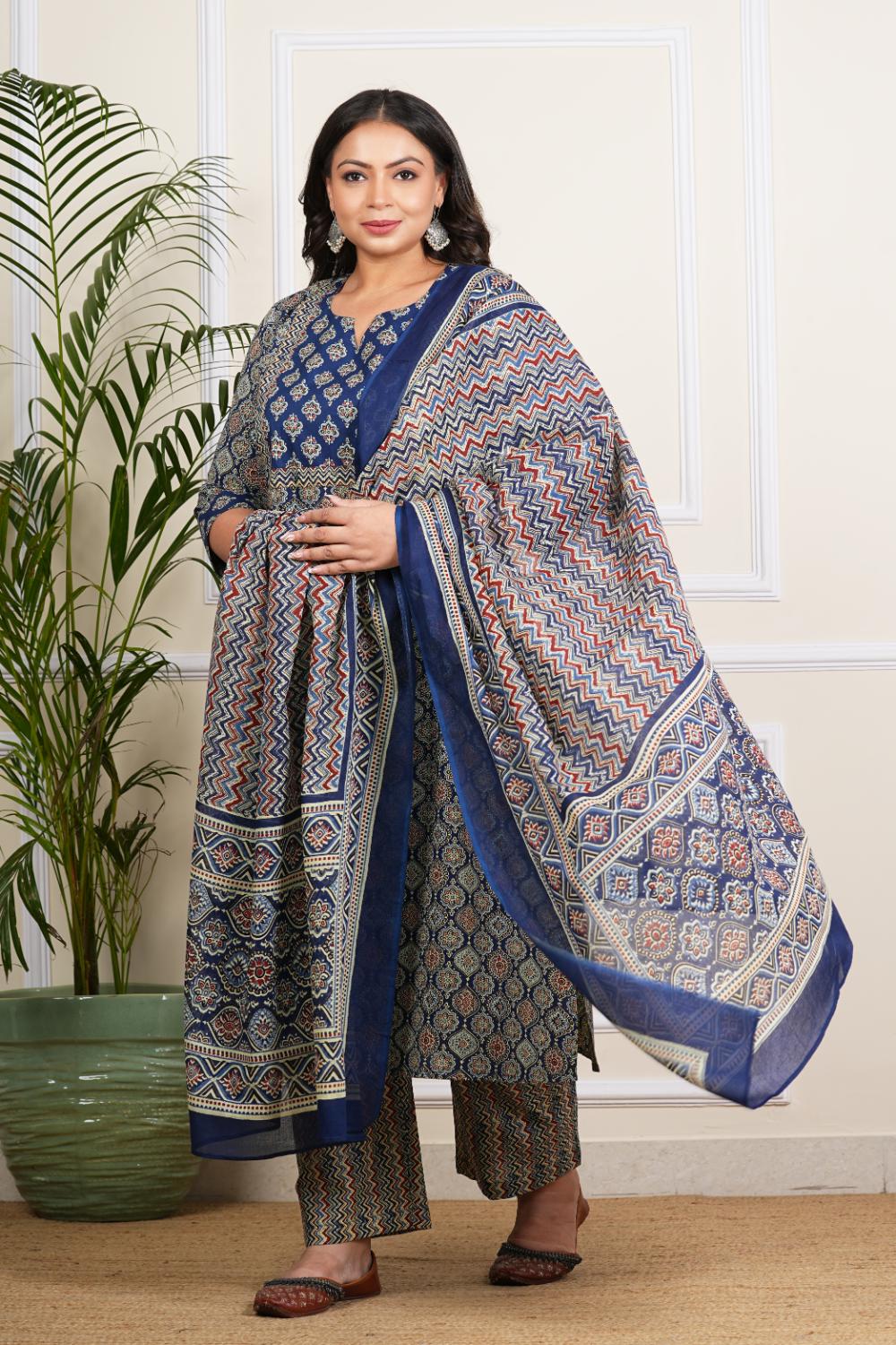 Plus Size Blue Ajrak Dupatta Set