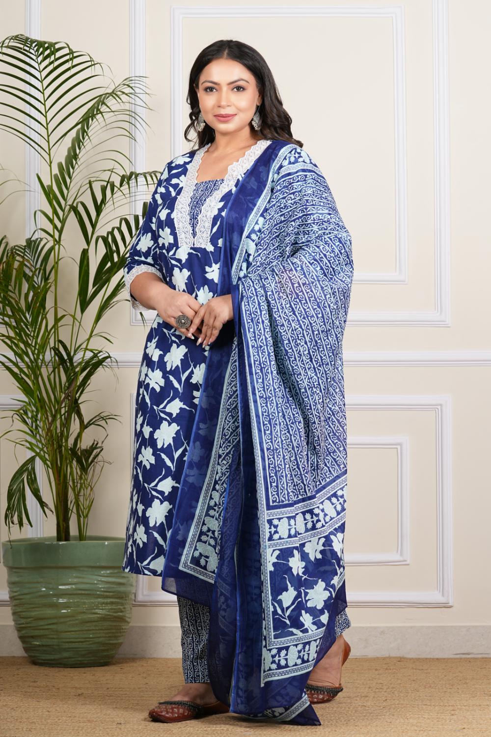 Plus Size blue Floral Dupatta Set