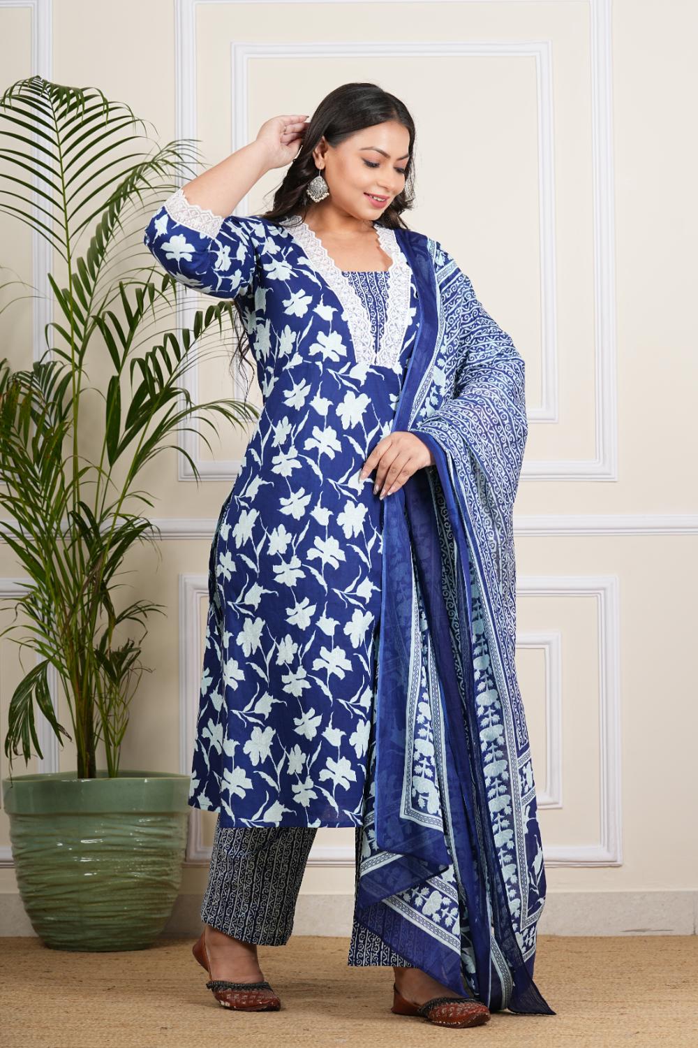 Plus Size blue Floral Dupatta Set