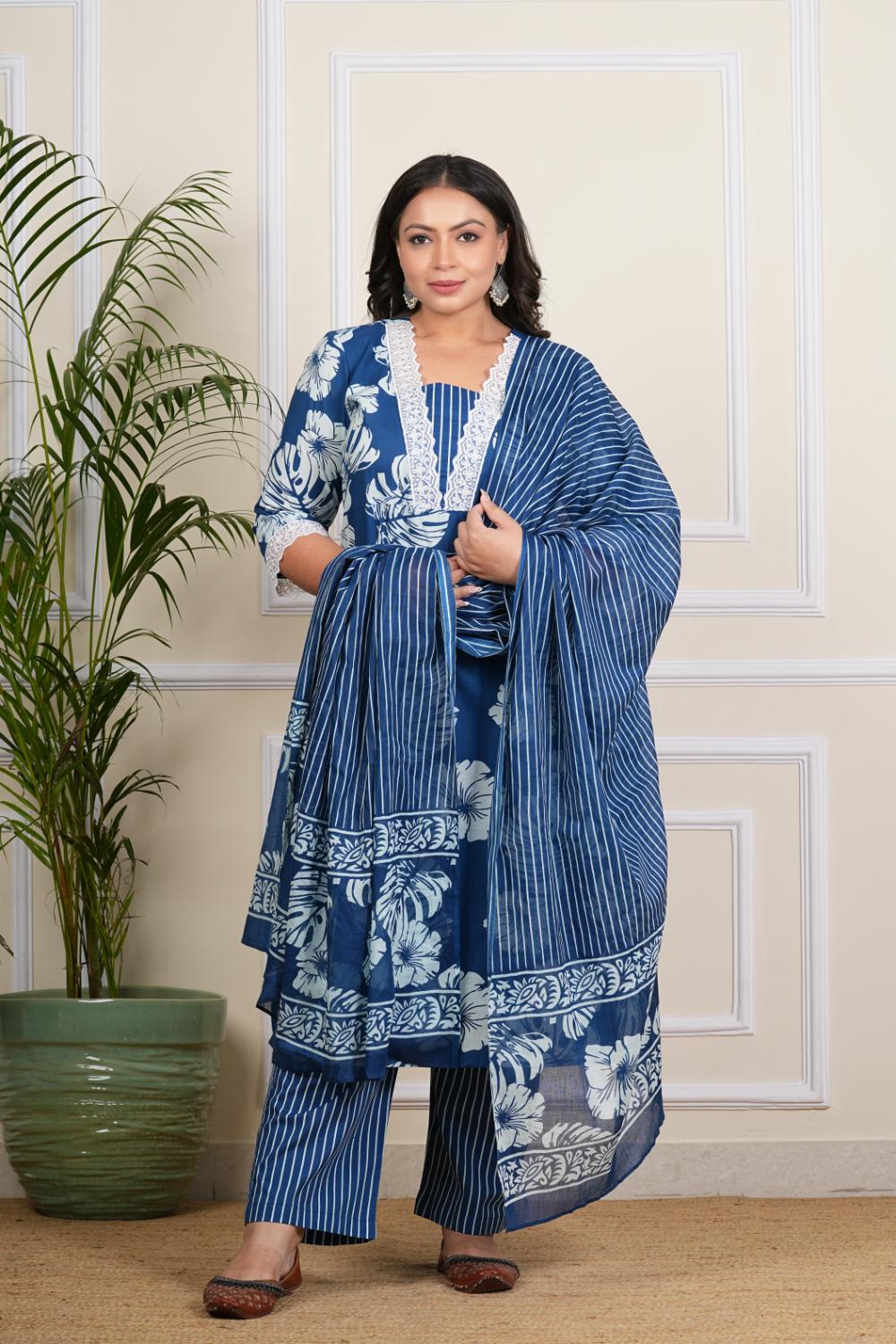 Plus Size Blue Big Floral Dupatta Set