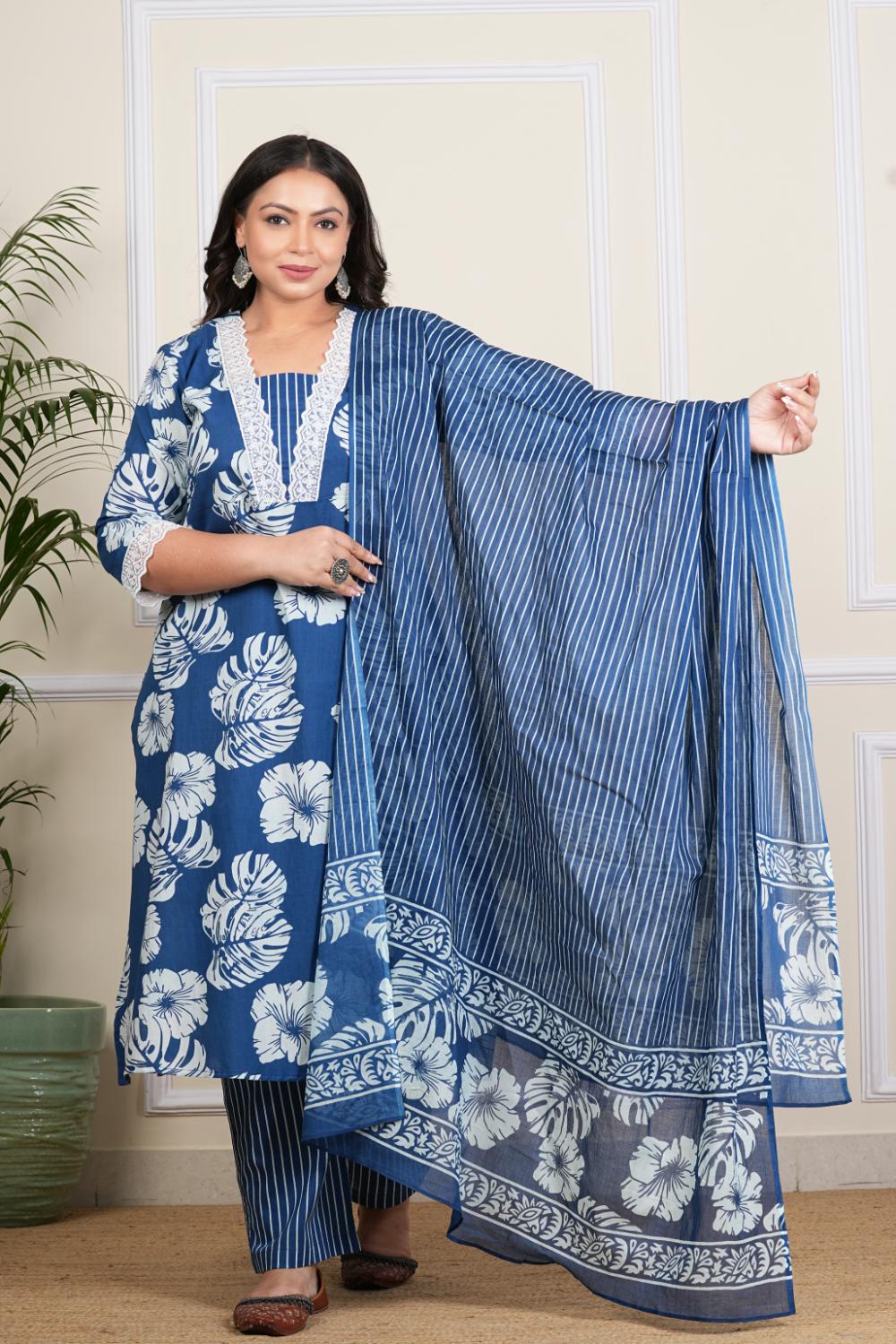 Plus Size Blue Big Floral Dupatta Set