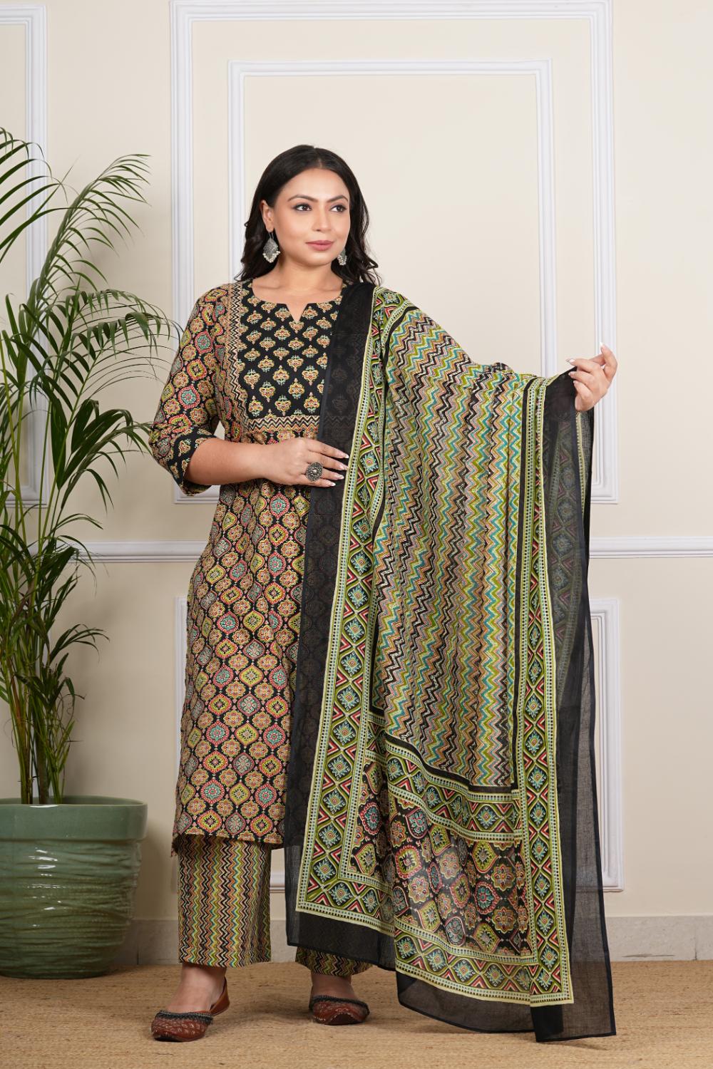 Plus Size Black Ajrak Dupatta Set