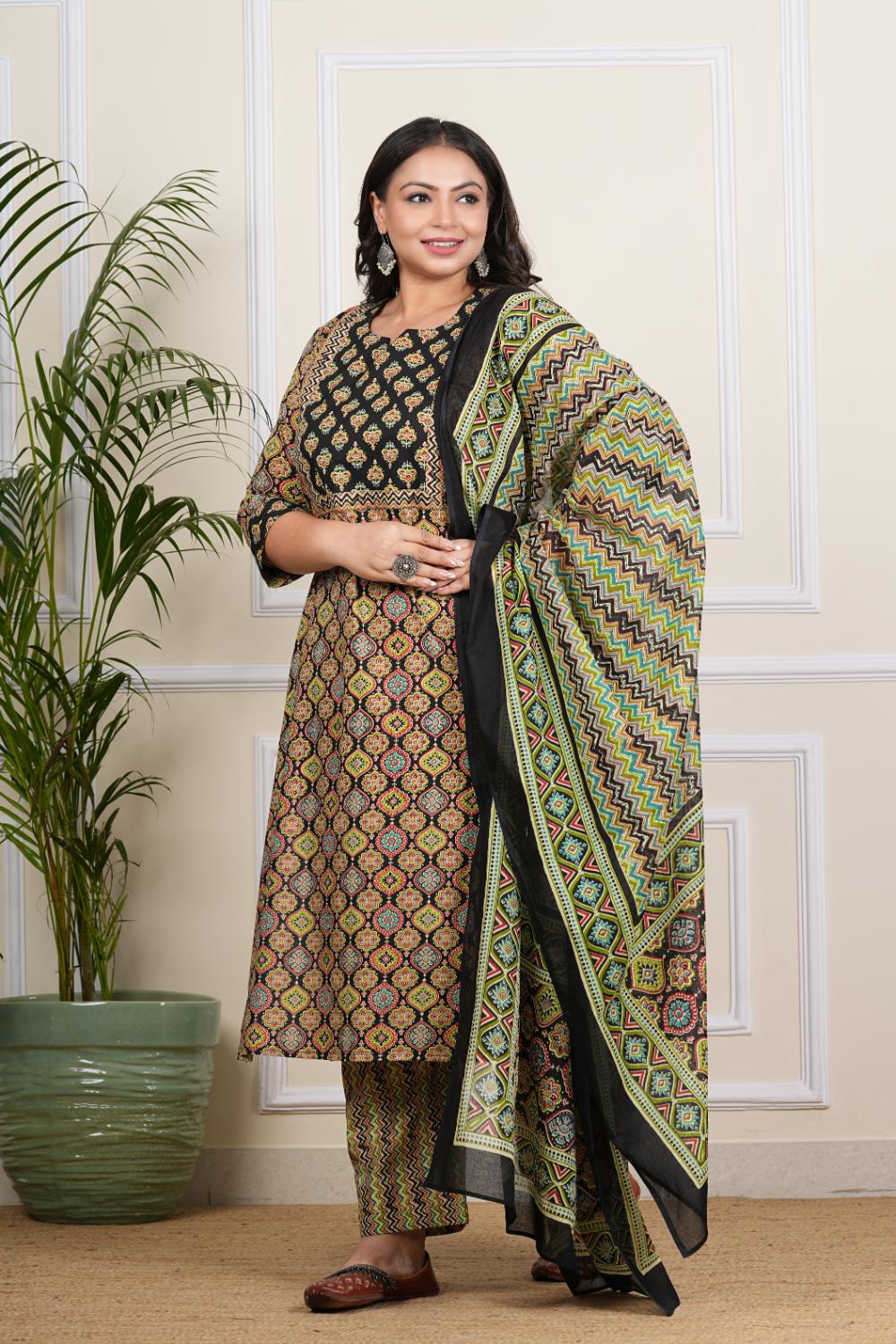 Plus Size Black Ajrak Dupatta Set