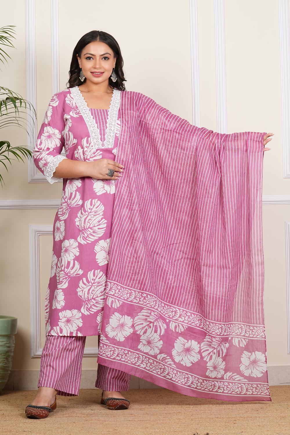 Plus Size mauve pink Floral Dupatta Set