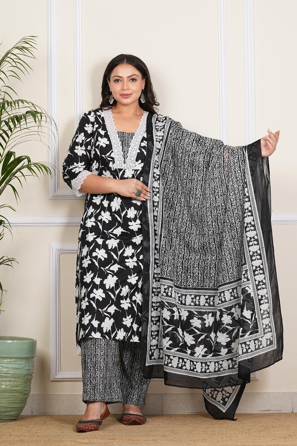 Plus Size Black Floral Dupatta Set