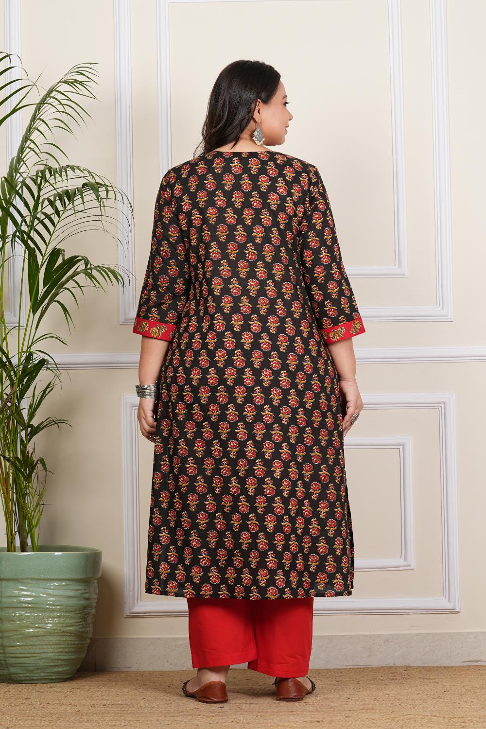 Jaipuri Black Butti Plus Size Kurta