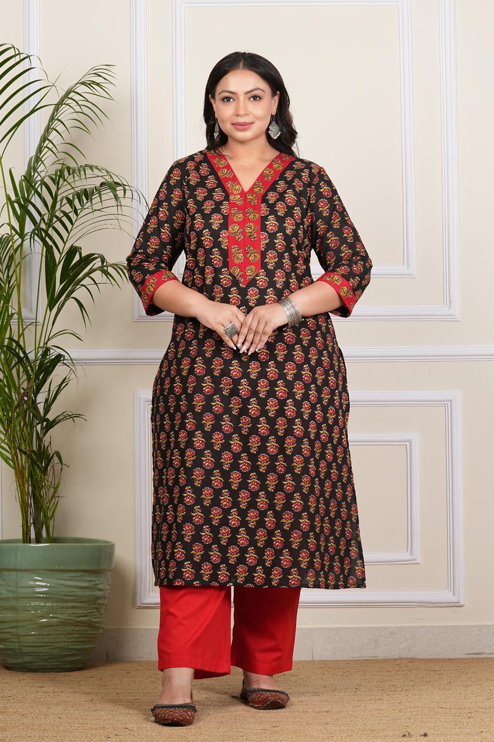 Jaipuri Black Butti Plus Size Kurta