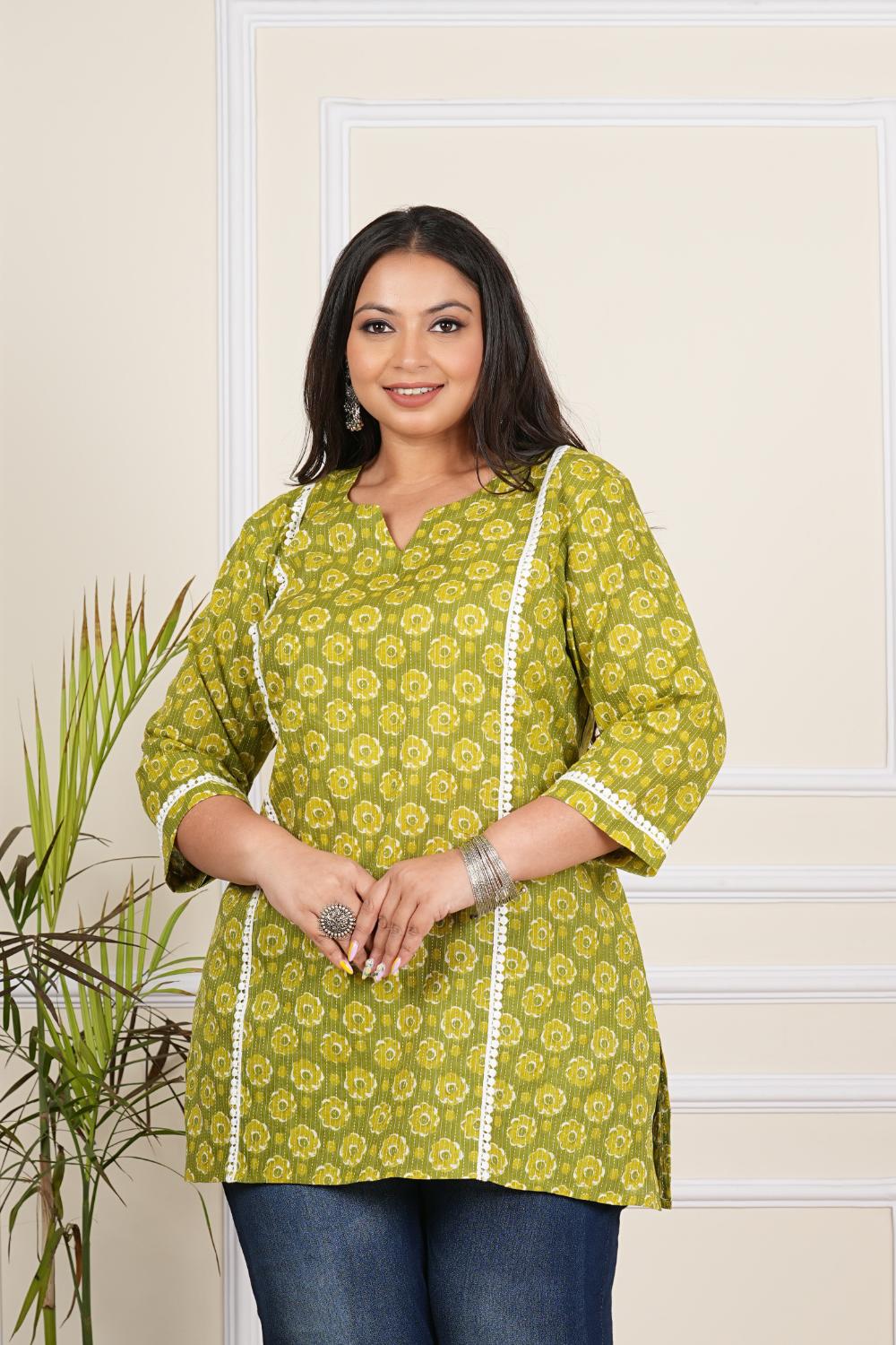 GREEN Floral Katha Plus Size Tuncis Tops