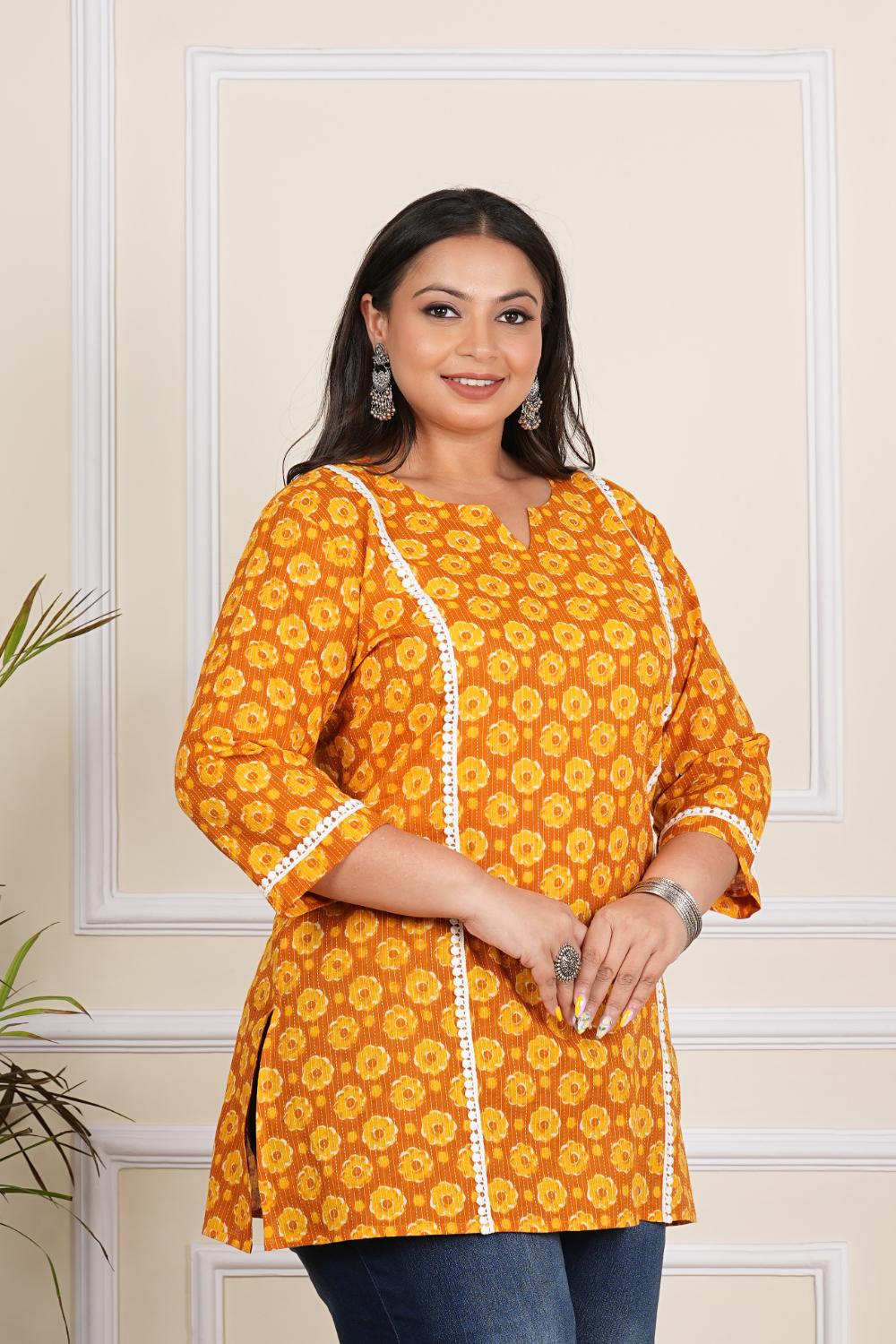 Orange Floral Katha Plus Size Tuncis Tops