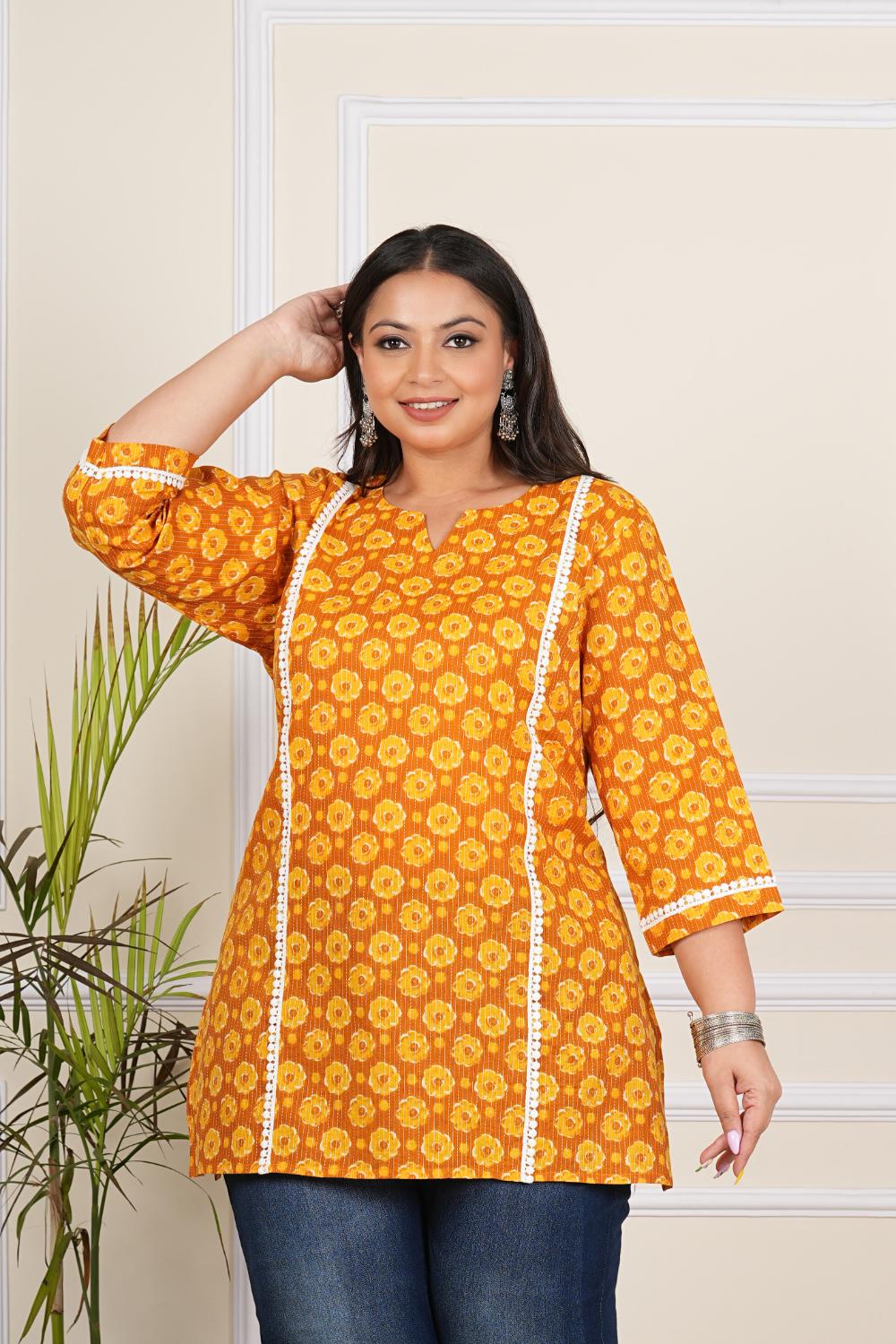 Orange Floral Katha Plus Size Tuncis Tops