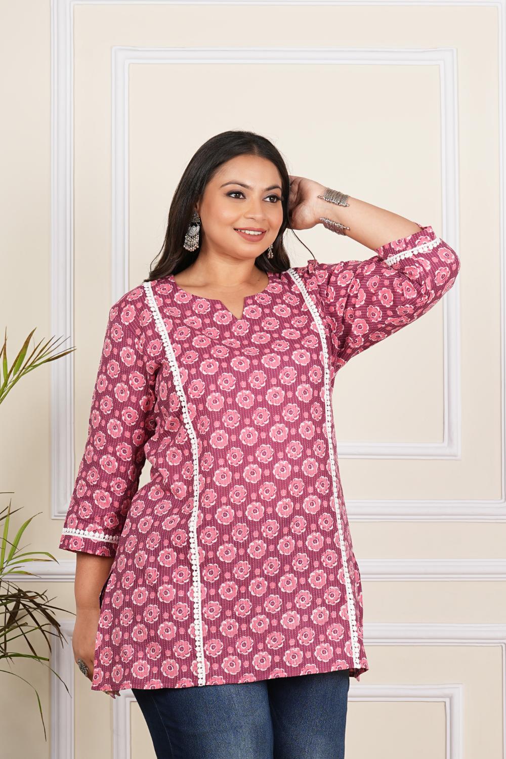 WINE Floral Katha Plus Size Tuncis Tops