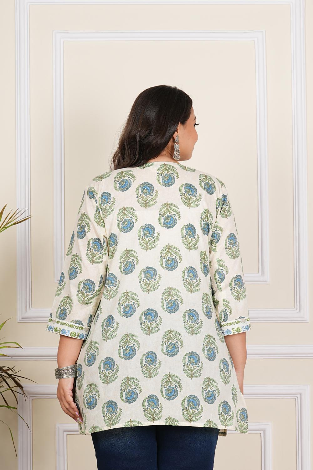 Plus Size Blue Floral Printed Short Kurta