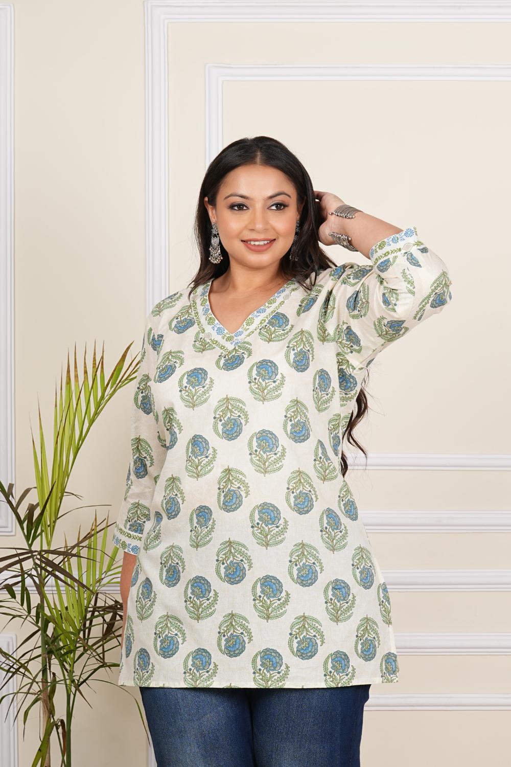 Plus Size Blue Floral Printed Short Kurta