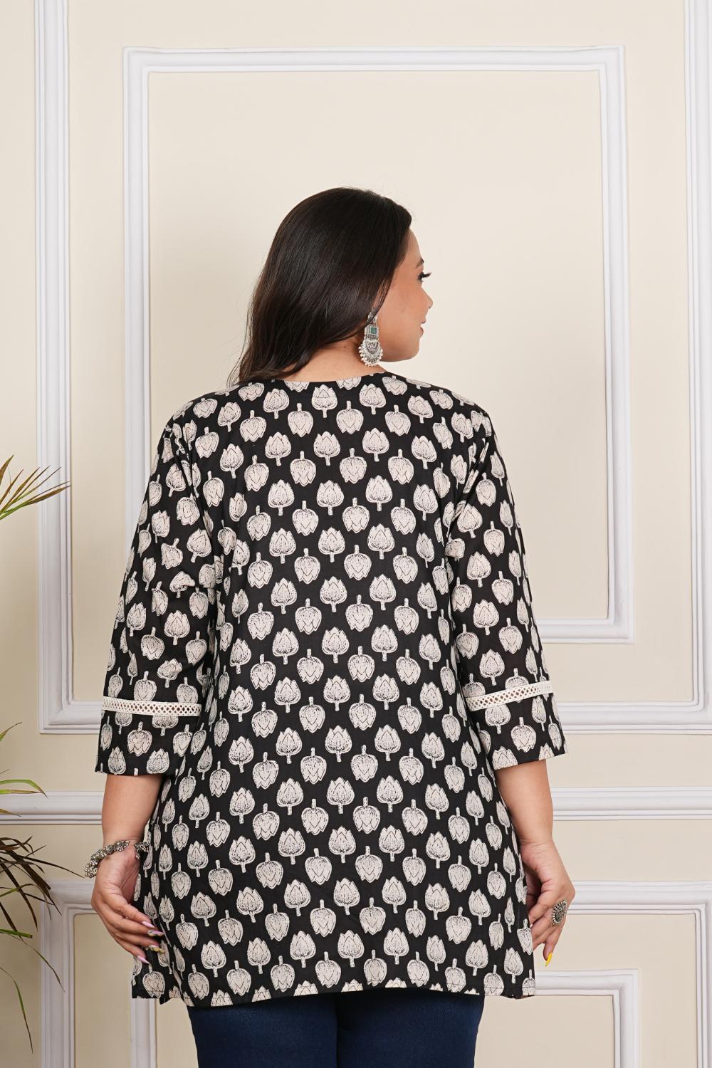 Plus Size Black Lotus Short Kurta