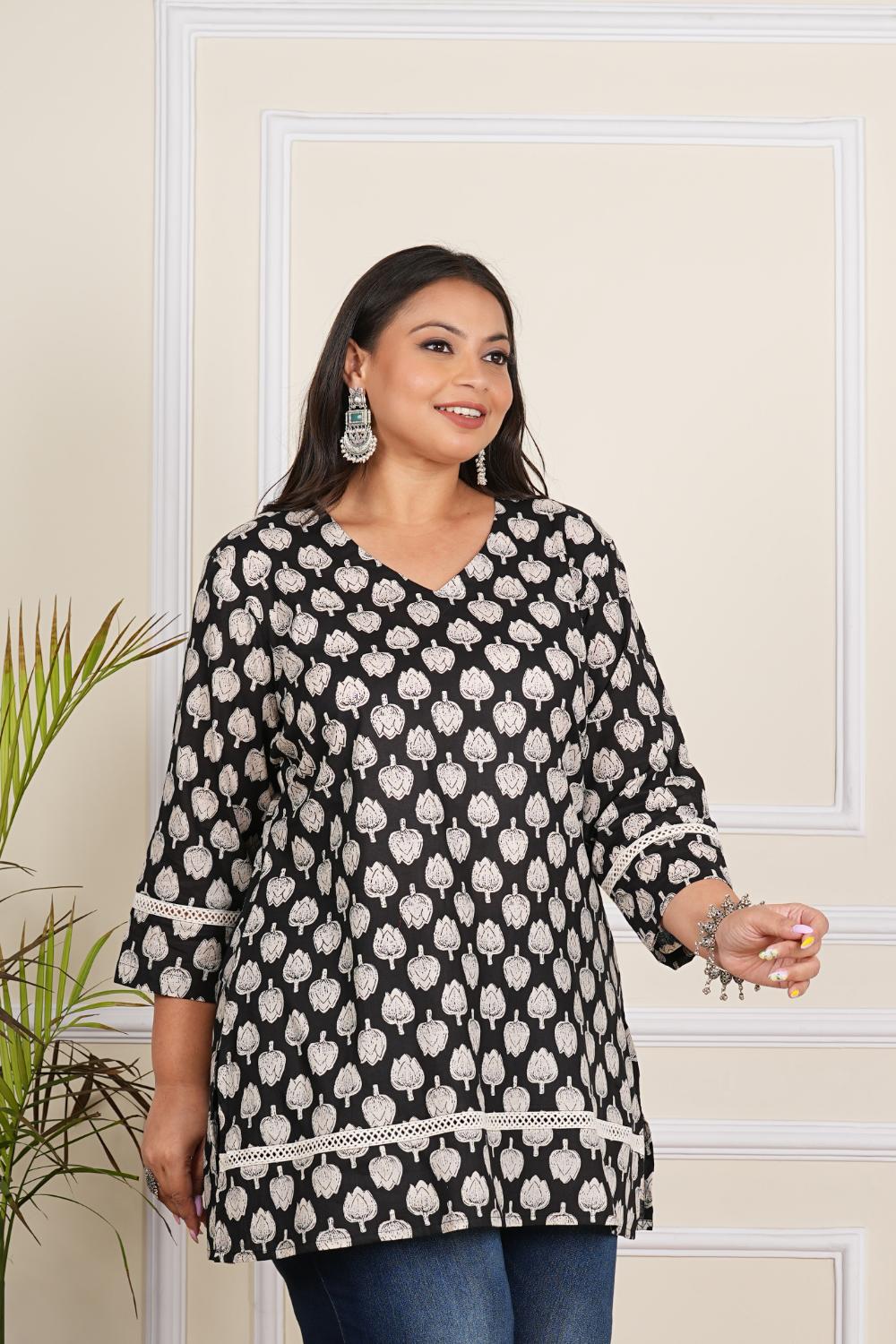 Plus Size Black Lotus Short Kurta