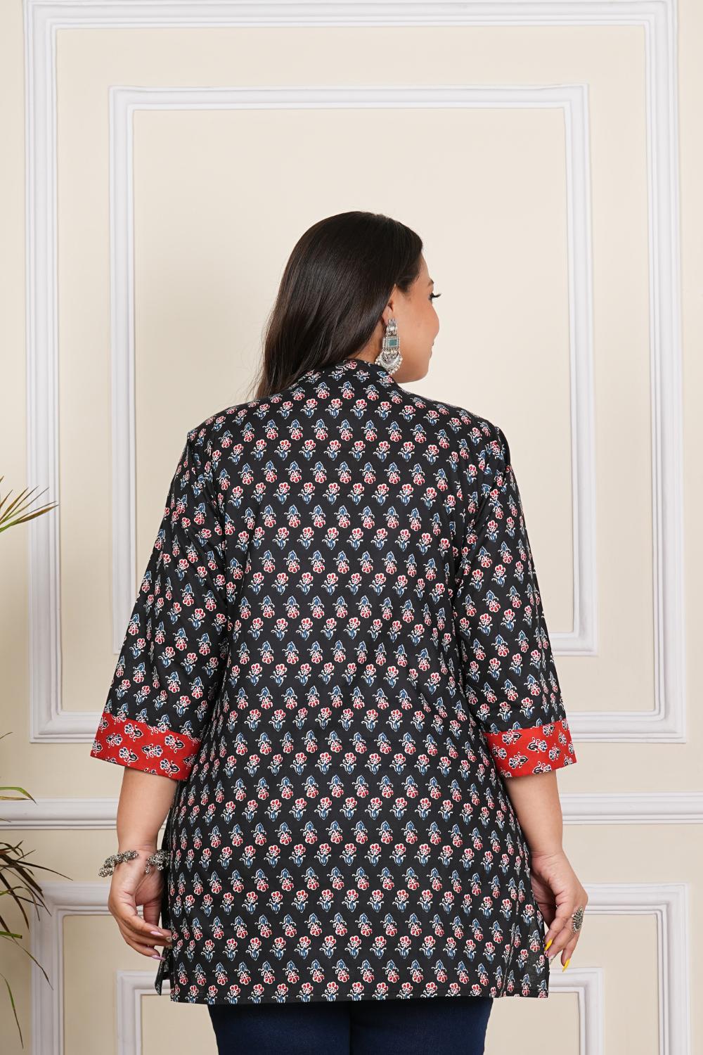 Plus Size Black Butti Short Kurtis