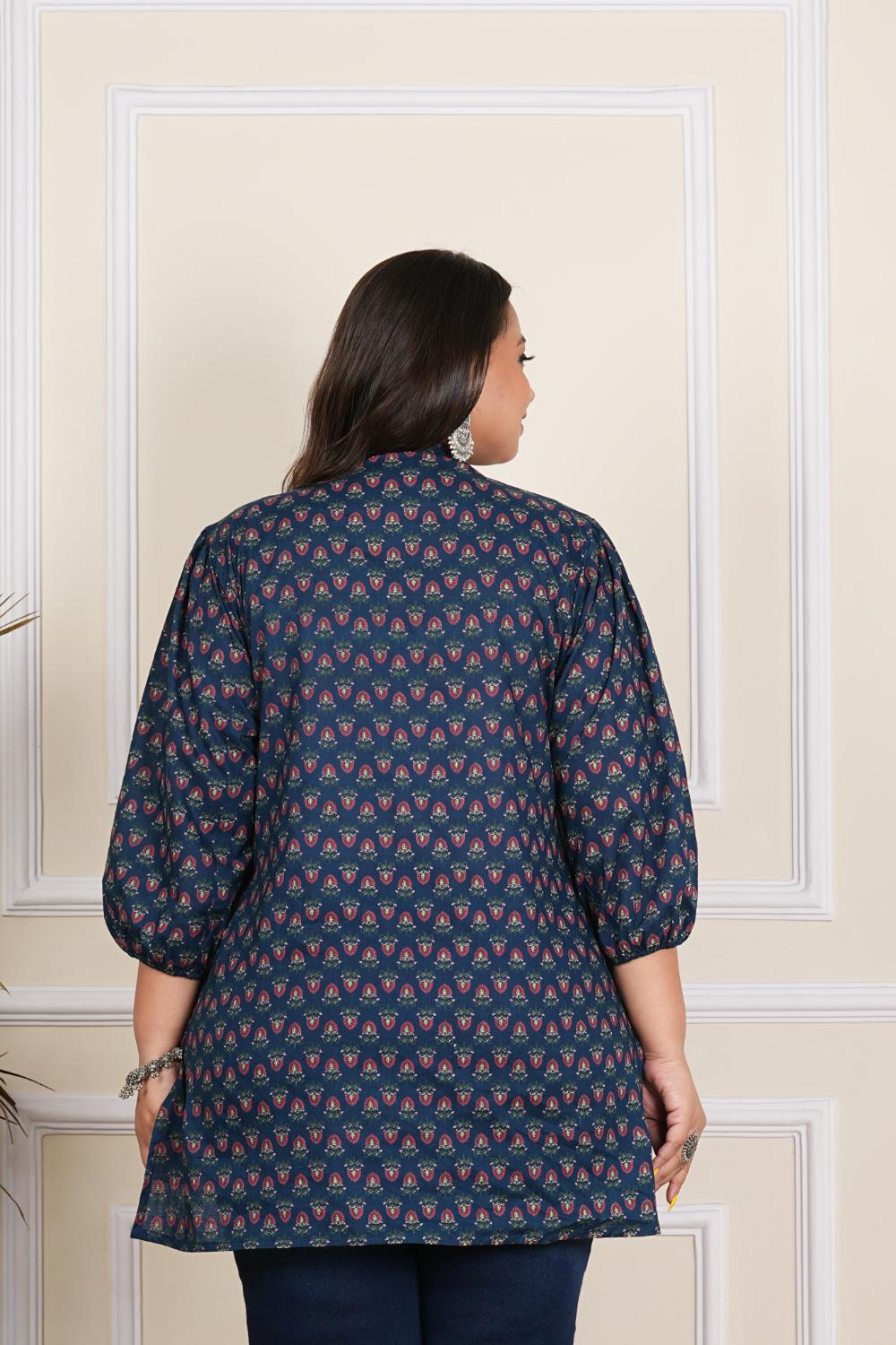 Plus Size Navy Blue Jaipuri Pink Butti Tunics Tops