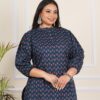 Plus Size Navy Blue Jaipuri Pink Butti Tunics Tops