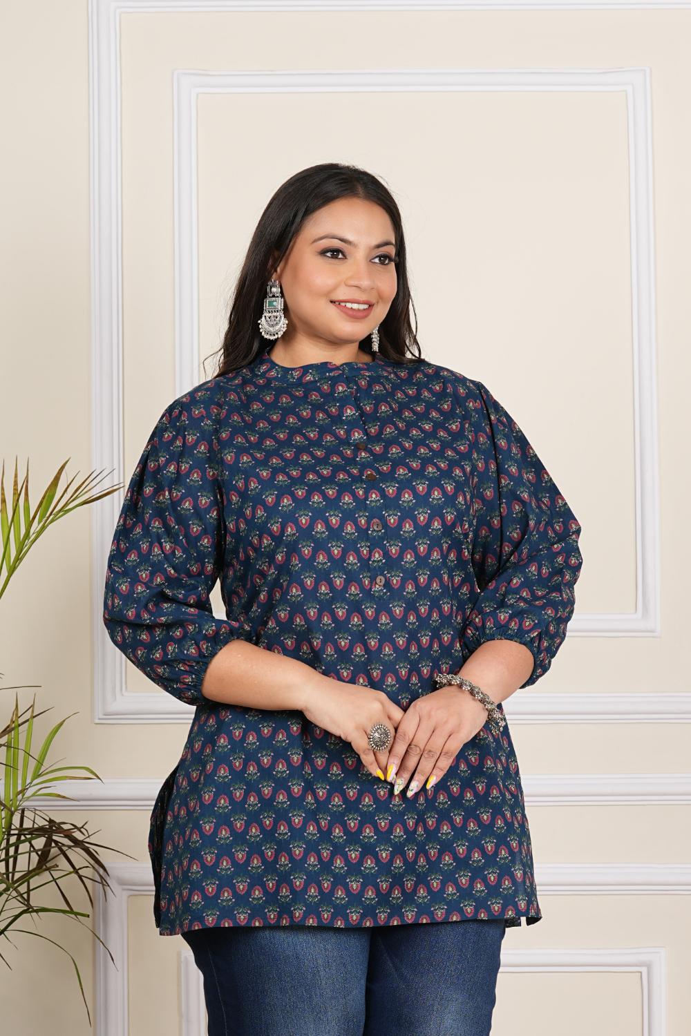 Plus Size Navy Blue Jaipuri Pink Butti Tunics Tops