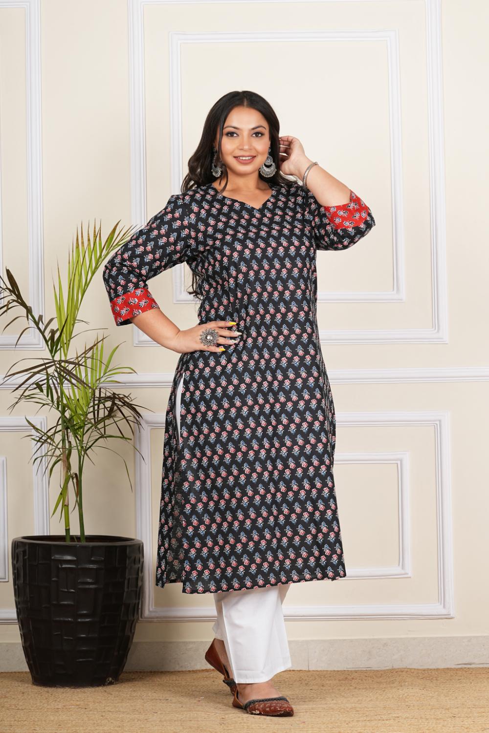 Black Butti Plus Size Sanganeri Cotton Kurti