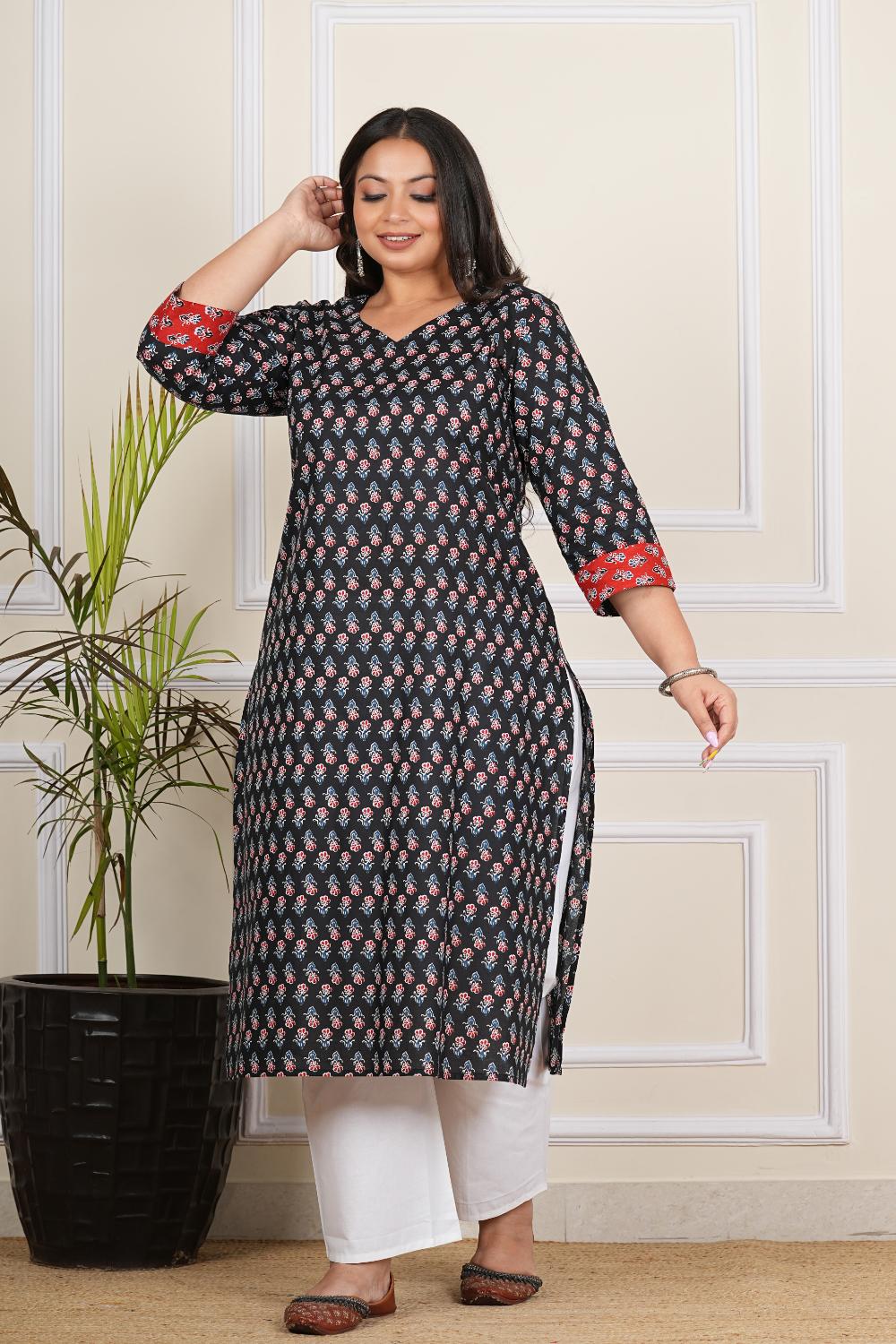 Black Butti Plus Size Sanganeri Cotton Kurti