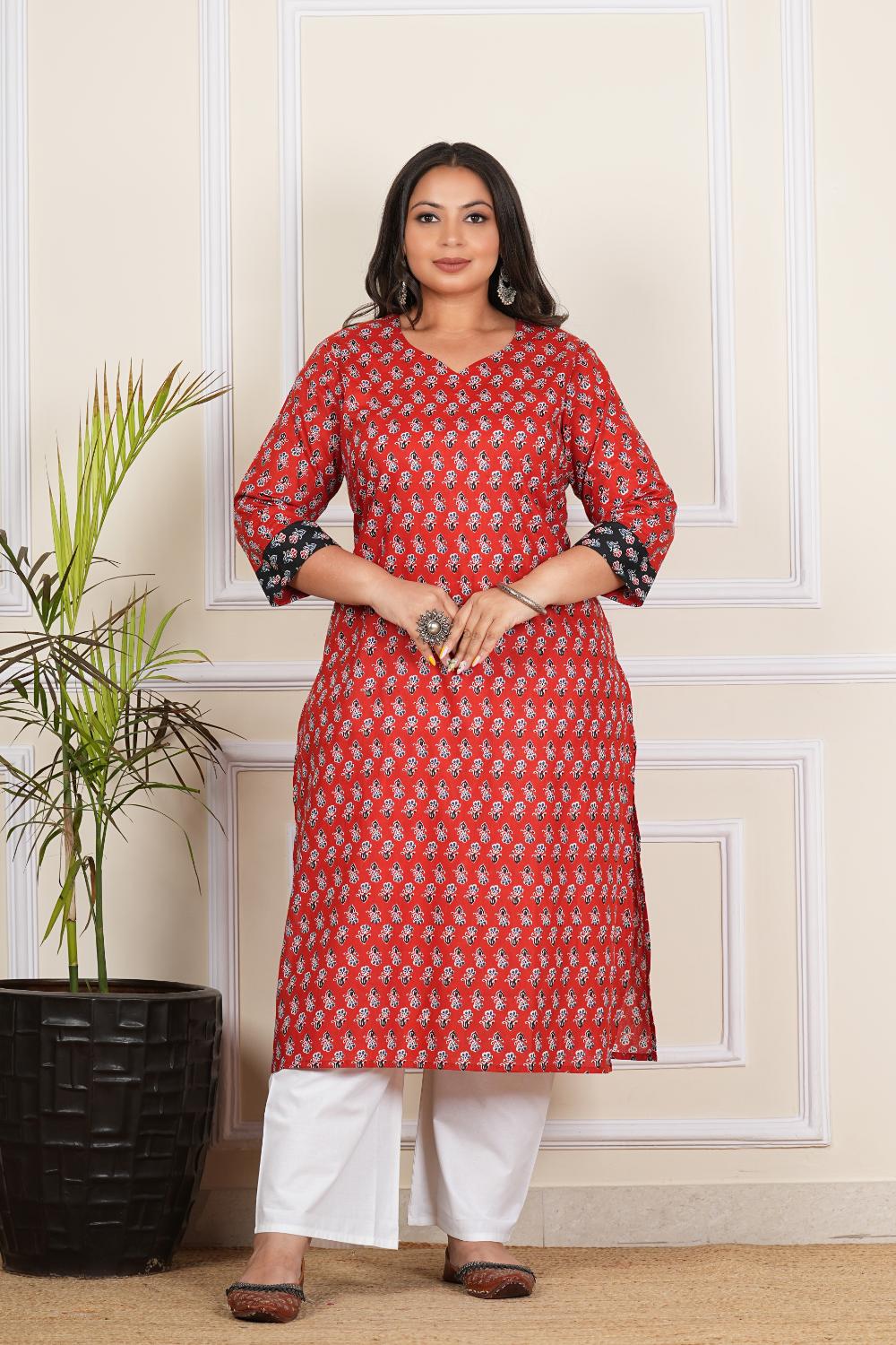 Red Butti Plus Size Sanganeri Cotton Kurti